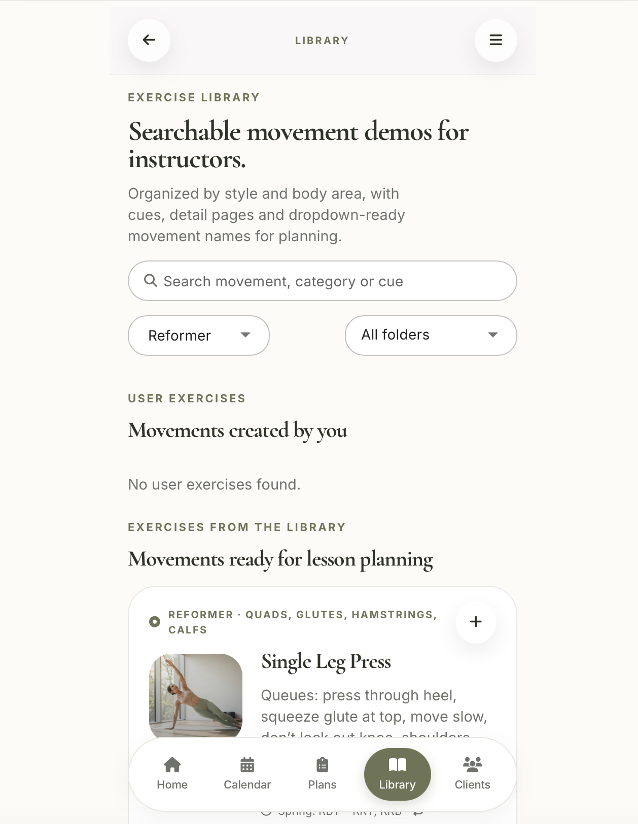 Align Planner exercise library screen with search, apparatus filters and movement cards