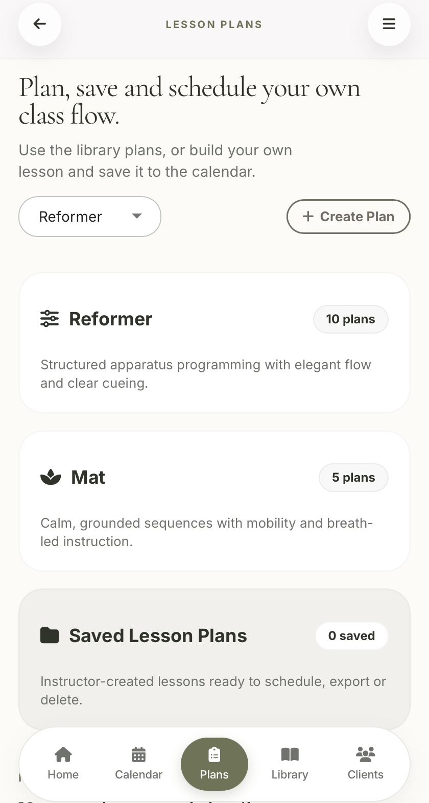 Align Planner lesson plans screen listing Reformer, Mat and saved lesson plans