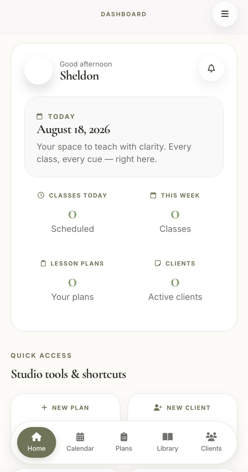 Align Planner instructor dashboard showing today's date, class counts and quick actions