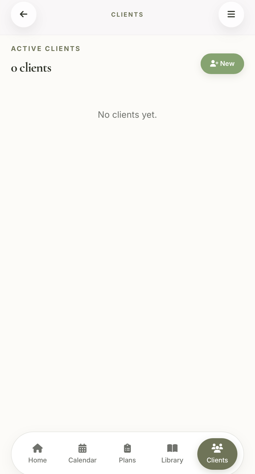 Align Planner clients screen showing active clients and a button to add a new client